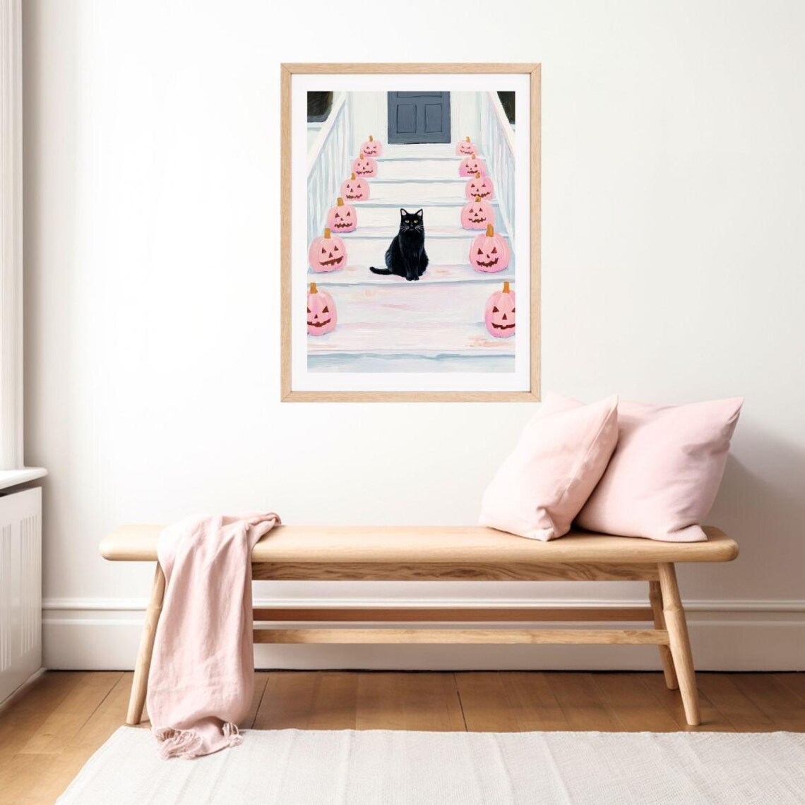 Black Cat And Pink Jack-O'-Lanterns Halloween Art Print - Image 2