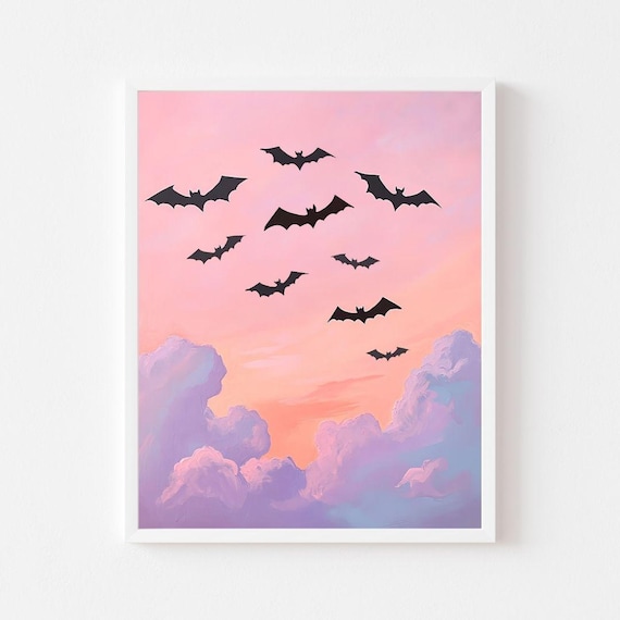 Black Bats Flying Over A Dreamy Pink Sunset Sky Halloween Poster
