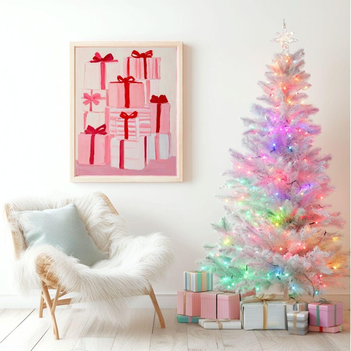 Pink And Red Christmas Gifts With Bows Pastel Holiday Painting Poster - Image 2