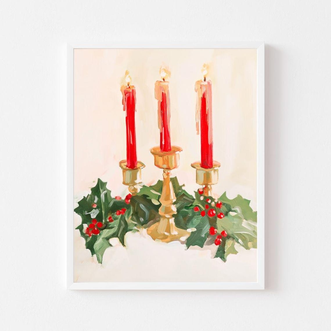 Red Advent Candles In Brass Holders With Green Holly Berries Poster