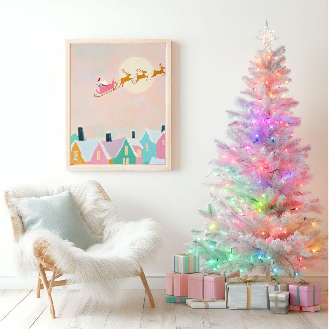 Santa Claus Flying Sleigh Pink Christmas Poster Print - Image 2