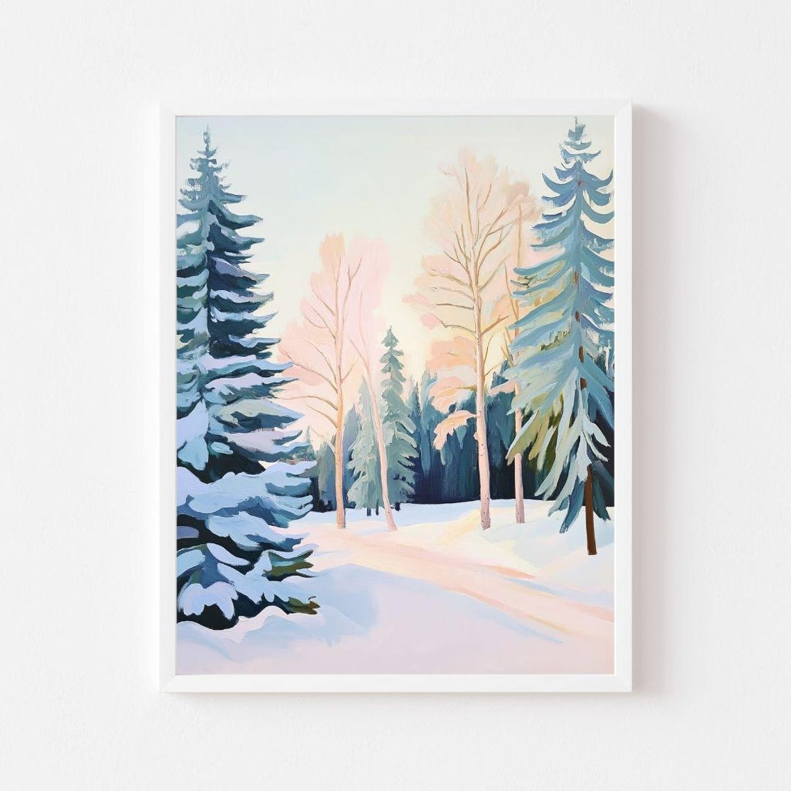 Winter Forest Landscape Painting Colorful Snowy Trees Wall Art Print Blue Pink Nature Pastel Woods Scenery