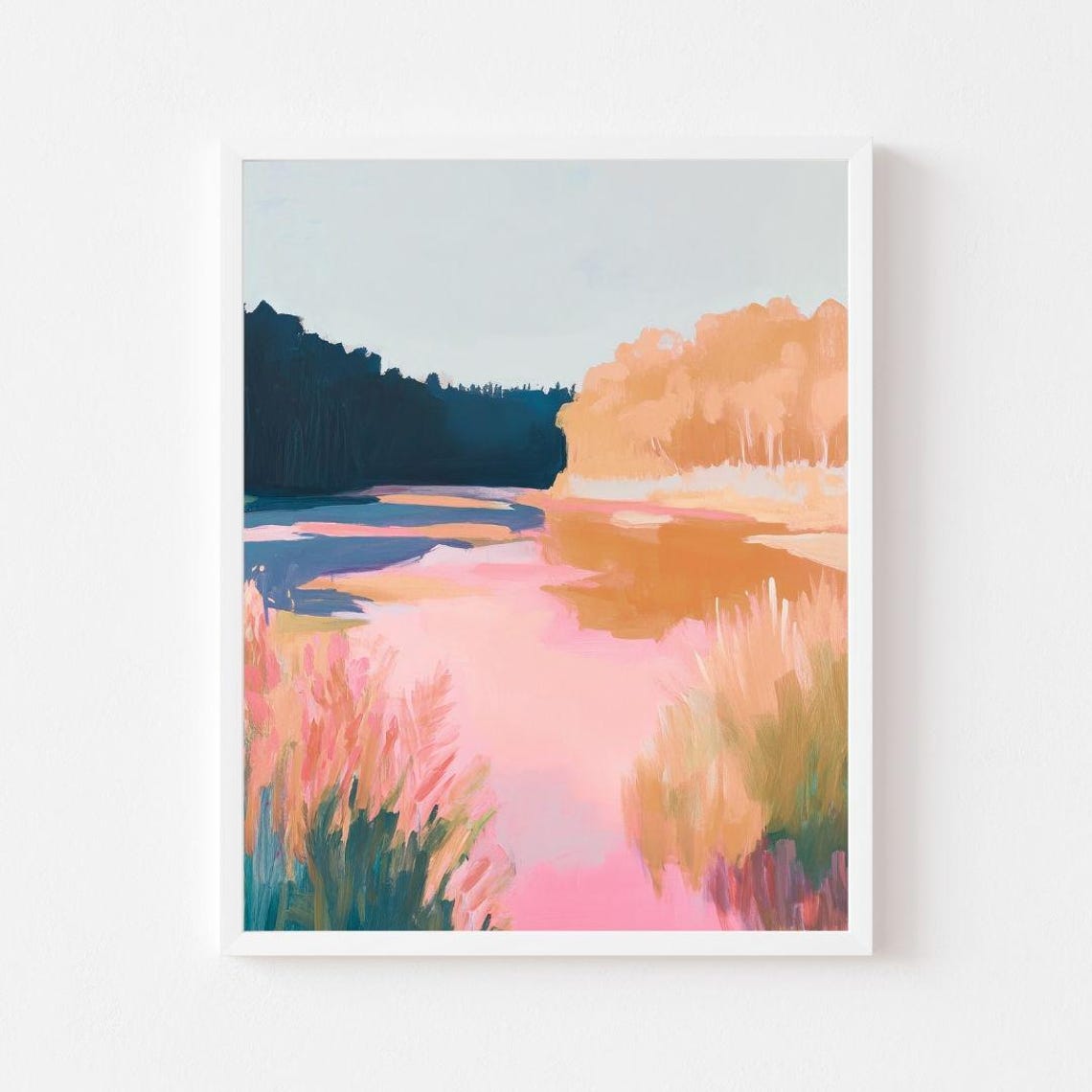 Pink Sunset Marsh Lake with Golden Reeds Autumn Landscape Poster