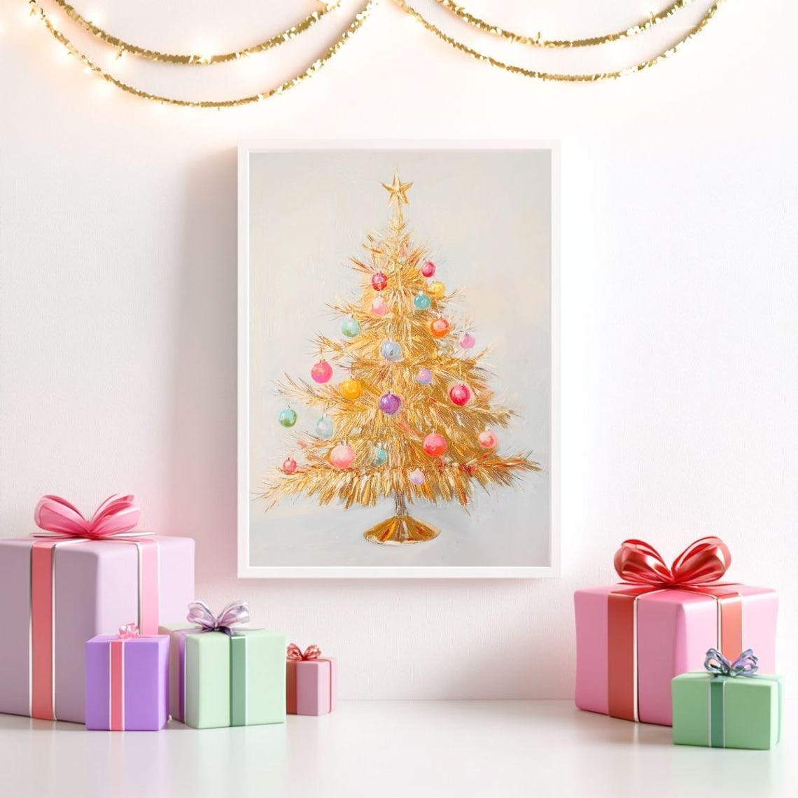 Gold Tinsel Christmas Tree with Colorful Ornaments Painting Poster - Image 2