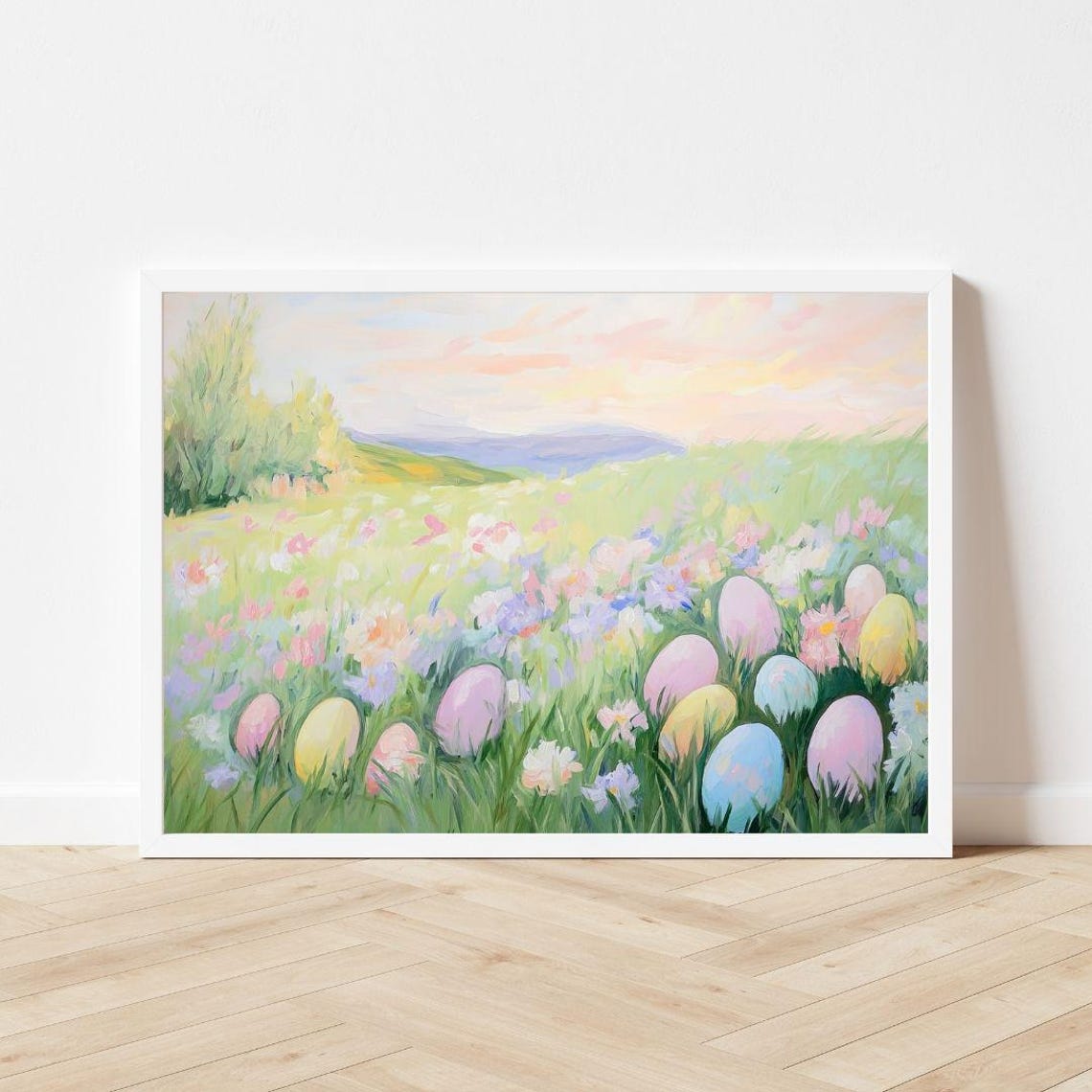 Pastel Easter Eggs in Spring Wildflower Meadow Landscape Poster - Image 3