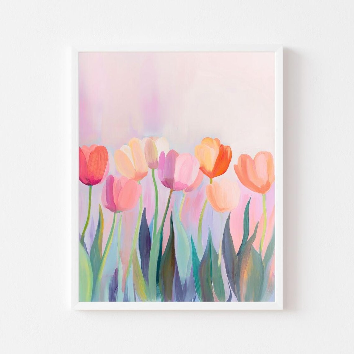Colorful Pastel Tulip Field Painting, Spring Floral Art Print