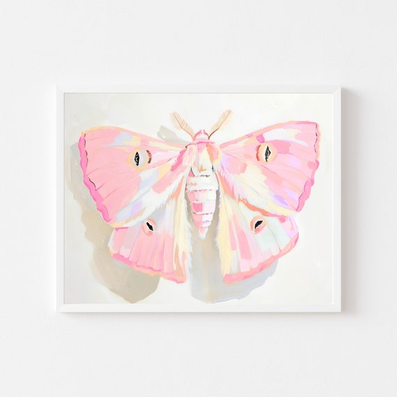Pink Moth Painting Pastel Insect Wall Art Print Colorful Animal Kids Room Playroom Bright Bug Portrait