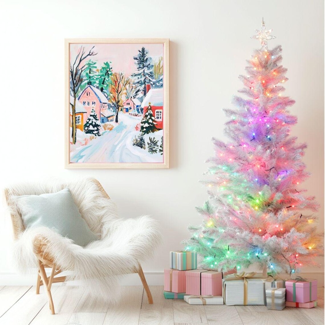 Pink Snowy Christmas Village Winter Town Colorful Holiday Art Poster - Image 2