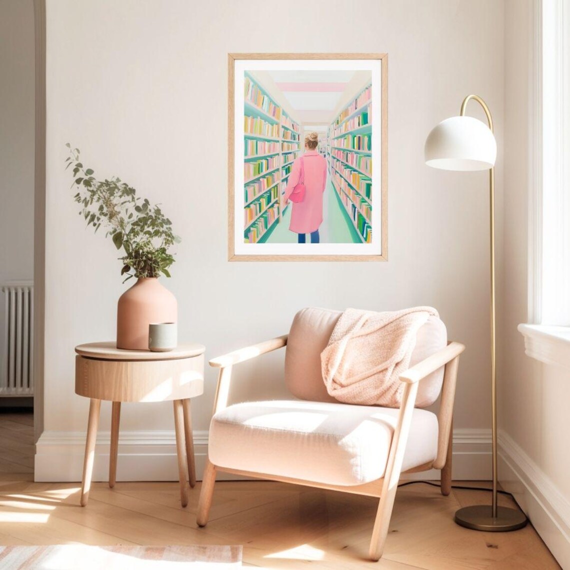 Woman In Pink Coat At Bookstore Aisle Pastel Painting Book Lover Poster - Image 2