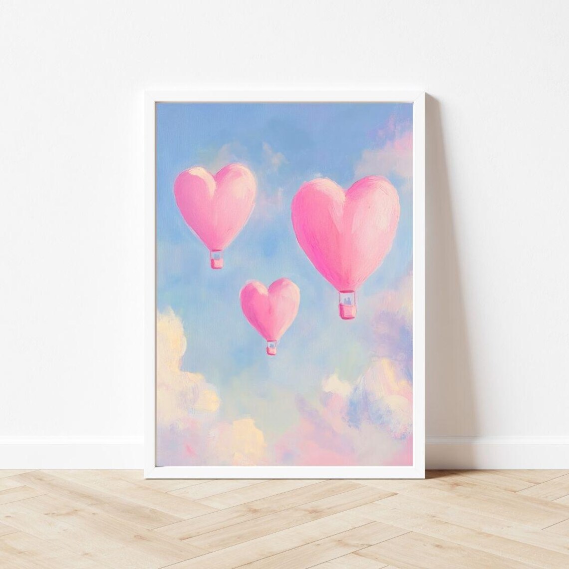Pink Heart Hot Air Balloons Floating in a Blue Sky Painting Poster - Image 3