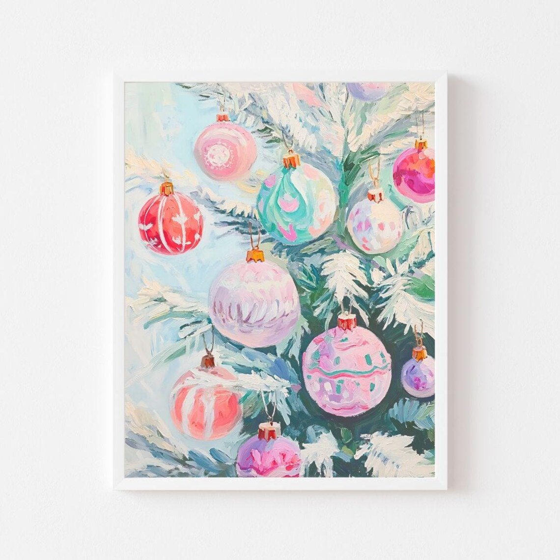 Vintage Christmas Ornaments Art Print, Pink Holiday Tree