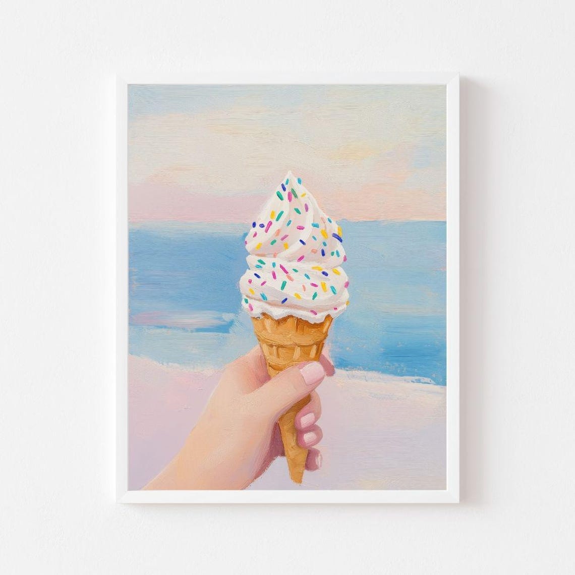 Hand Holding Sprinkle Ice Cream Cone at a Pastel Beach Poster