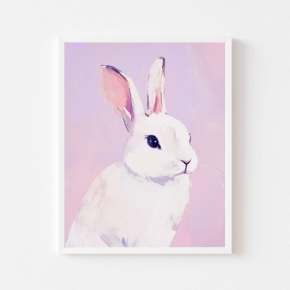 Sweet White Bunny Portrait Lavender Pastel Spring Nursery Poster