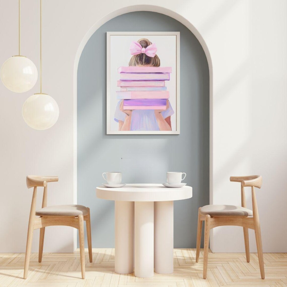 Girl Holding Pink Book Stack Art Print, Pastel Reading Nook - Image 2