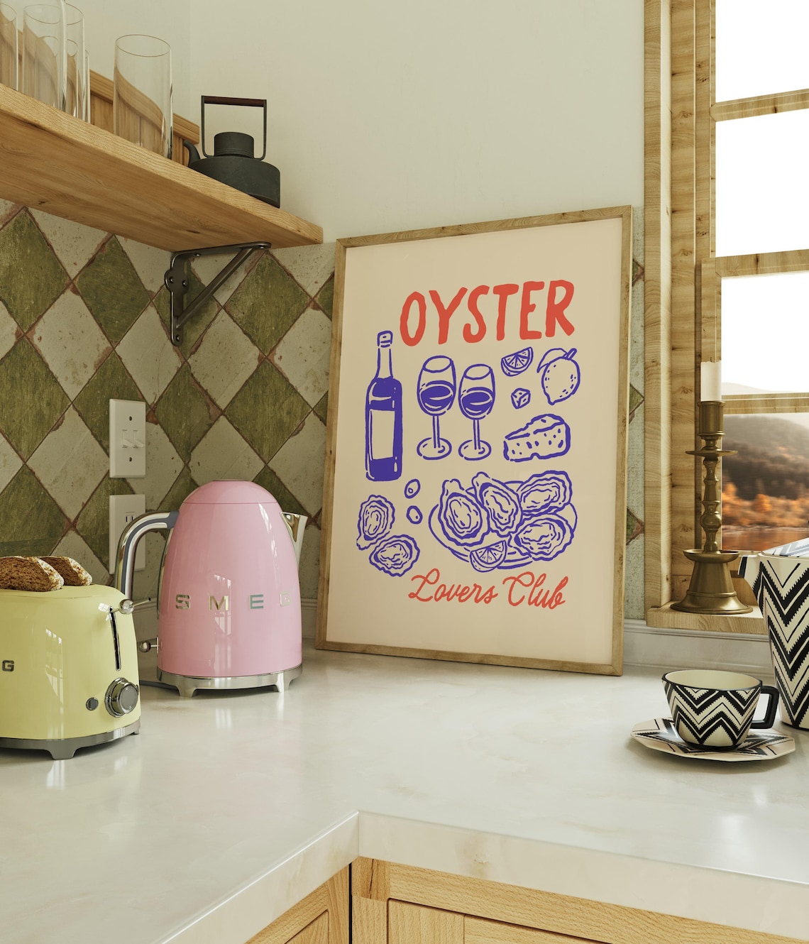 Oyster Lovers Club Red Blue Illustrated Wine And Cheese Art Poster