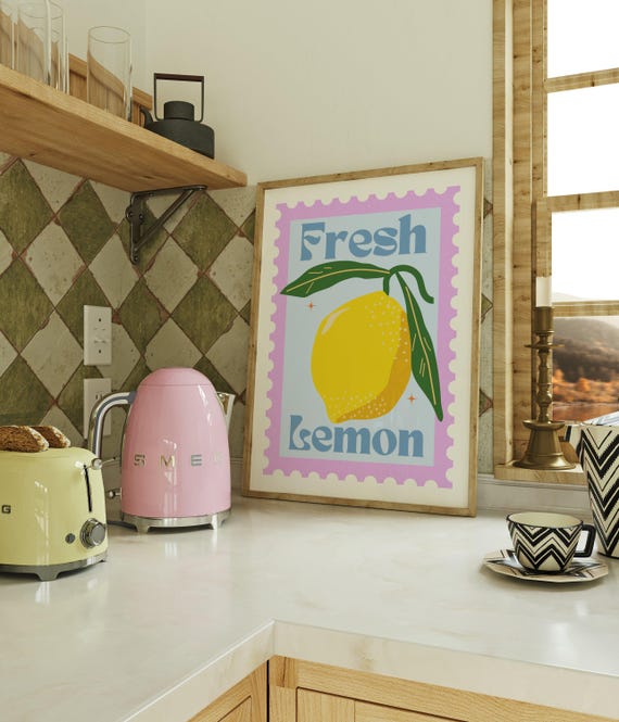 Fresh Lemon Stamp Print Kitchen Retro Fruit Wall Art Cute Citrus Poster Pastel Food Decor Farmhouse