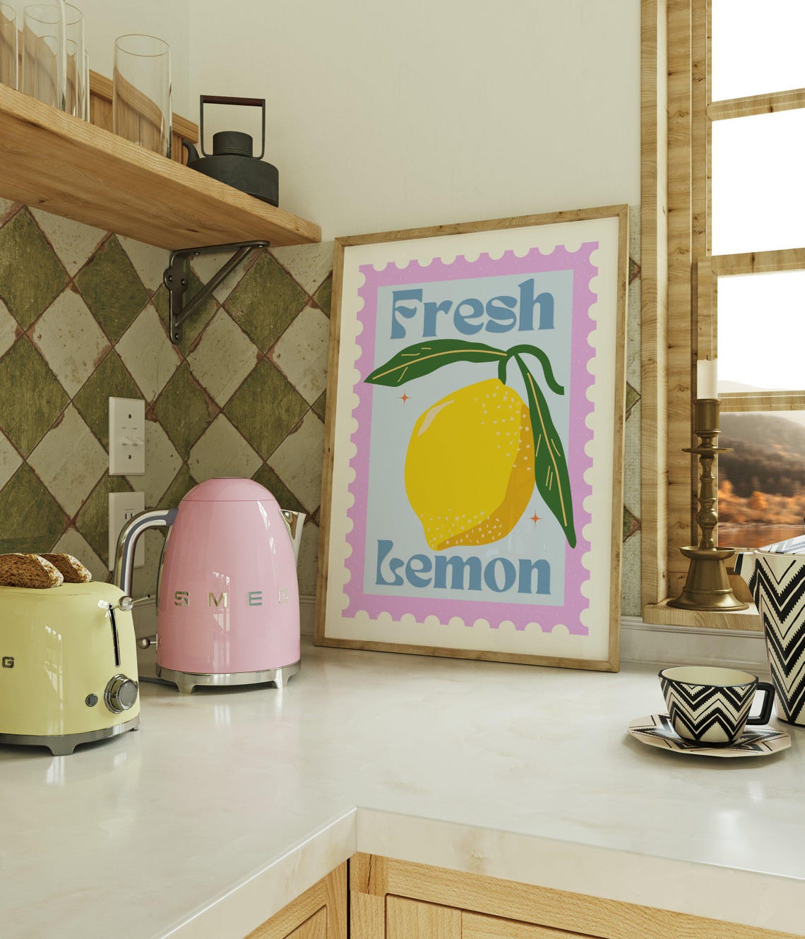 Fresh Lemon Postage Stamp Art Poster for Cheerful Kitchen Wall Decor