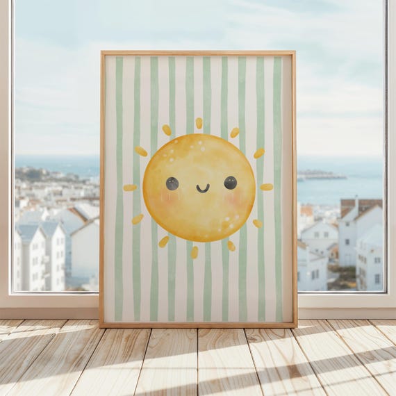 Kids Sunshine Print Cute Poster Happy Sun Wall Art For Room Smiling Nursery Decor Green Stripes
