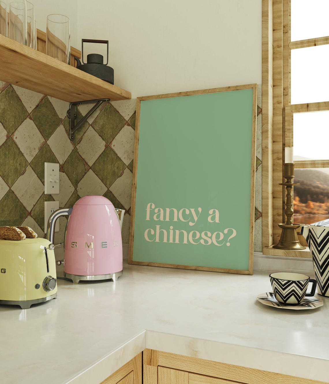 Fancy A Chinese Playful Serif Cream On Mint Green Kitchen Poster
