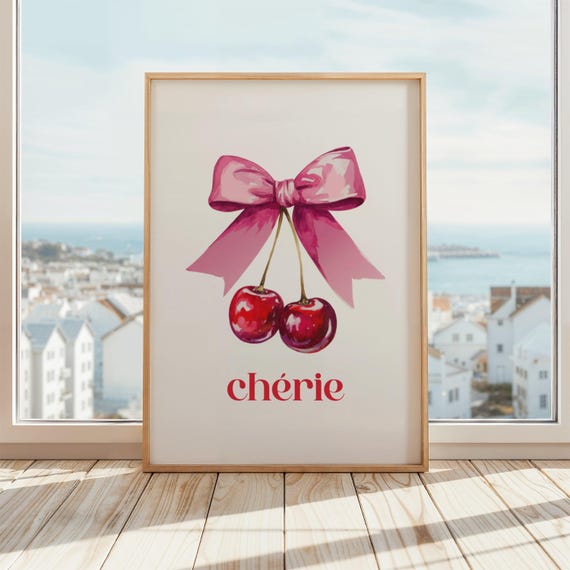 Chrie Cherry Bow Poster Cherrye Coquette Ribbon Print Feminine Wall Art Parisianinspired