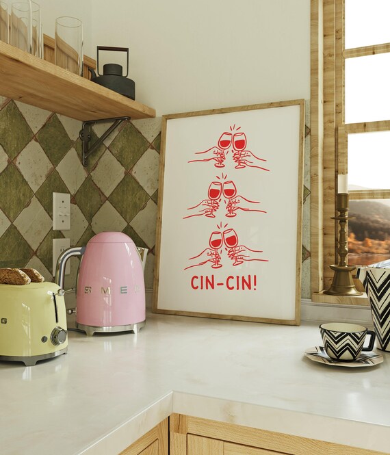 Cin Cin Red Wine Toast Illustration Poster for Bar Cart and Kitchen Art