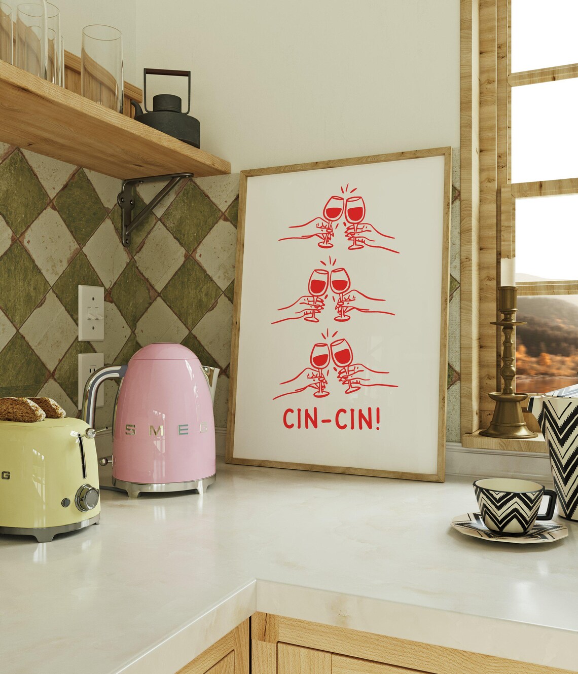 Cin Cin Red Wine Toast Illustration Poster for Bar Cart and Kitchen Art