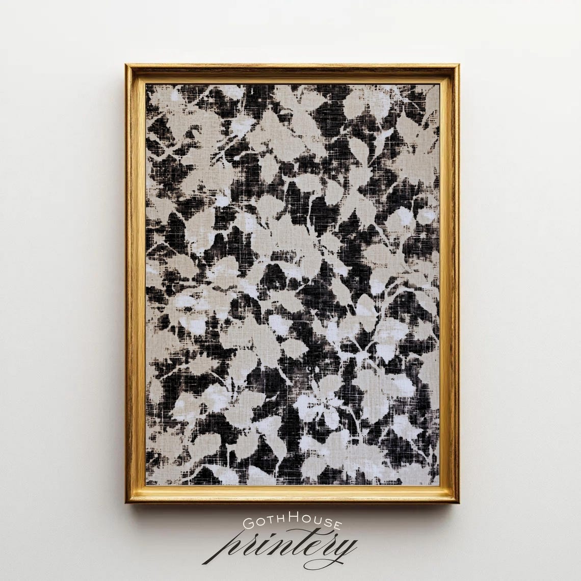 Neutral Botanical Grunge Leaf Pattern Black Beige Minimalist Wall Art