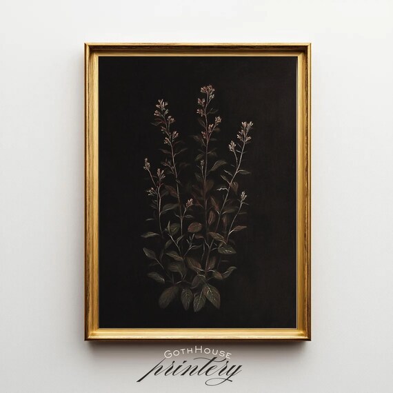 Black Botanical Dark Floral Print Vintage Herb Painting Gothic Farmhouse Warm Tone Wall Art Moody Flower Artwork Rustic