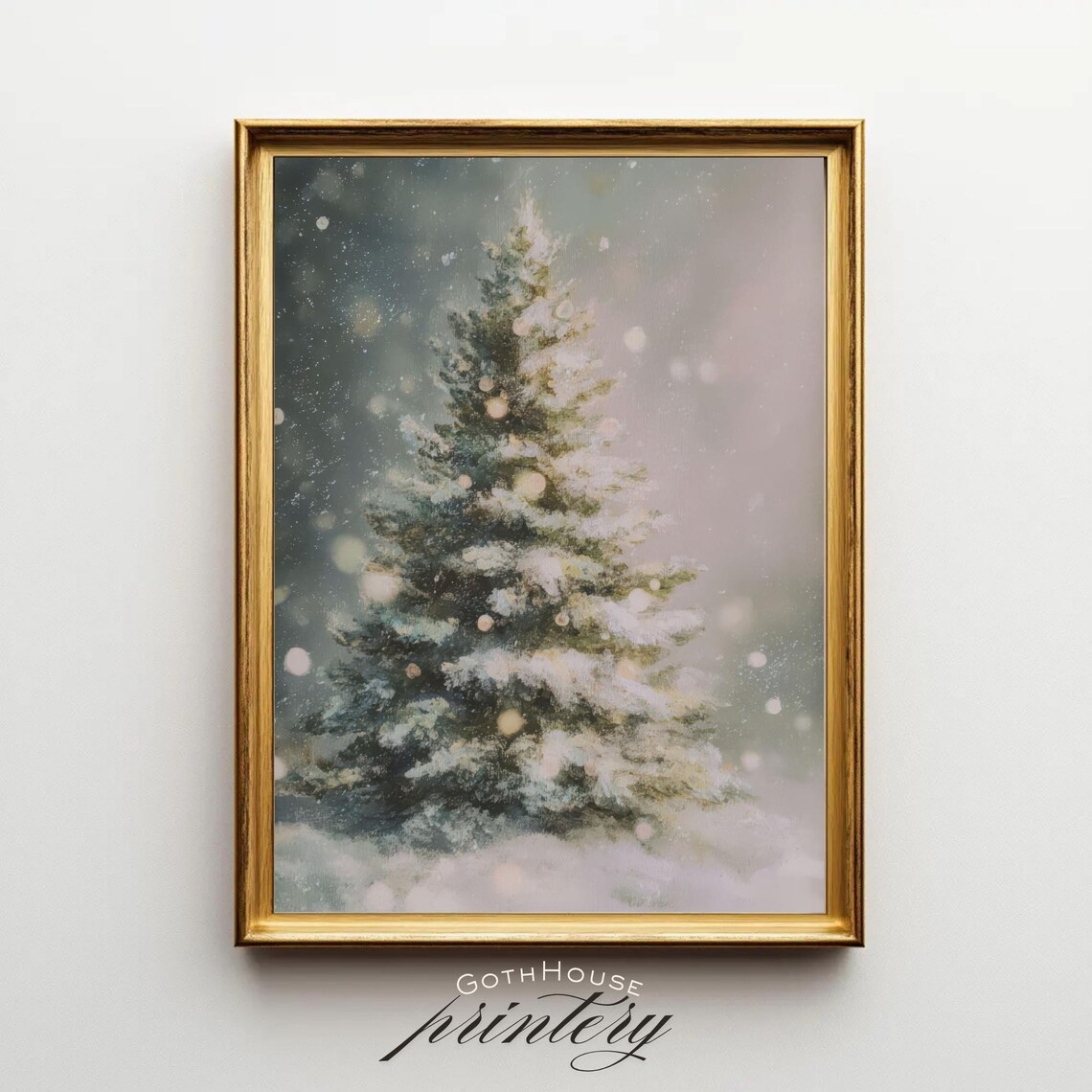 Vintage Snowy Christmas Tree Art Print, Holiday Decor