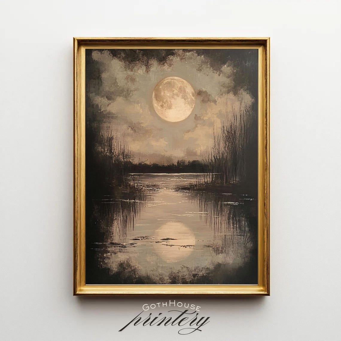 Full Moon Over Marshy Lake Reflection Moody Night Landscape Print