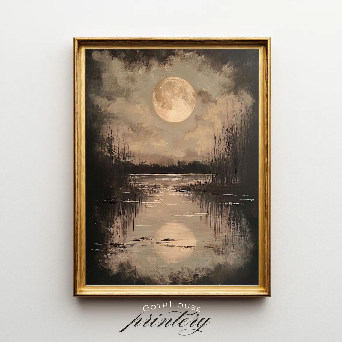 Full Moon Print Abstract Landscape Art Moody Wall Gothic Decor Rustic Lake Autumn