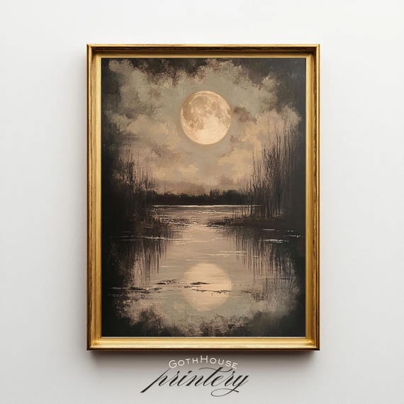 Full Moon Print Abstract Landscape Art Moody Wall Gothic Decor Rustic Lake Autumn