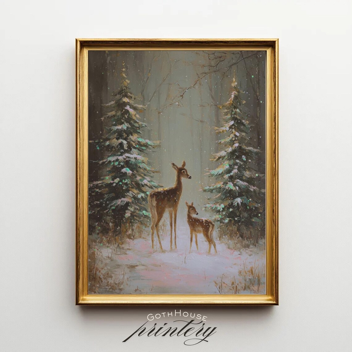 Vintage Deer Christmas Print, Snowy Landscape