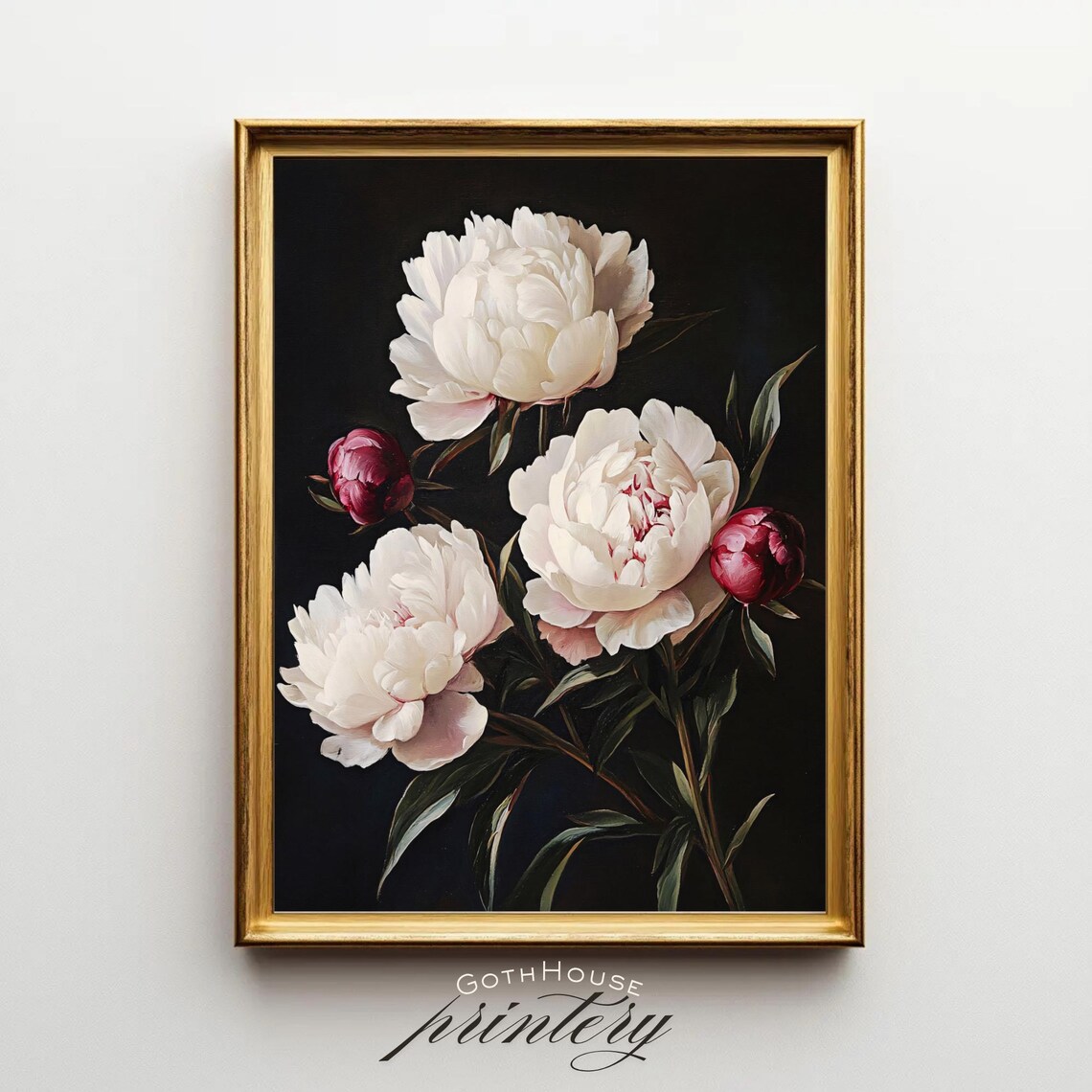 Moody White Peony Painting, Vintage Gothic Poster
