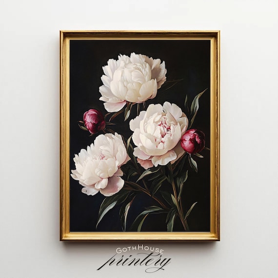 Moody White Peony Painting, Vintage Gothic Poster