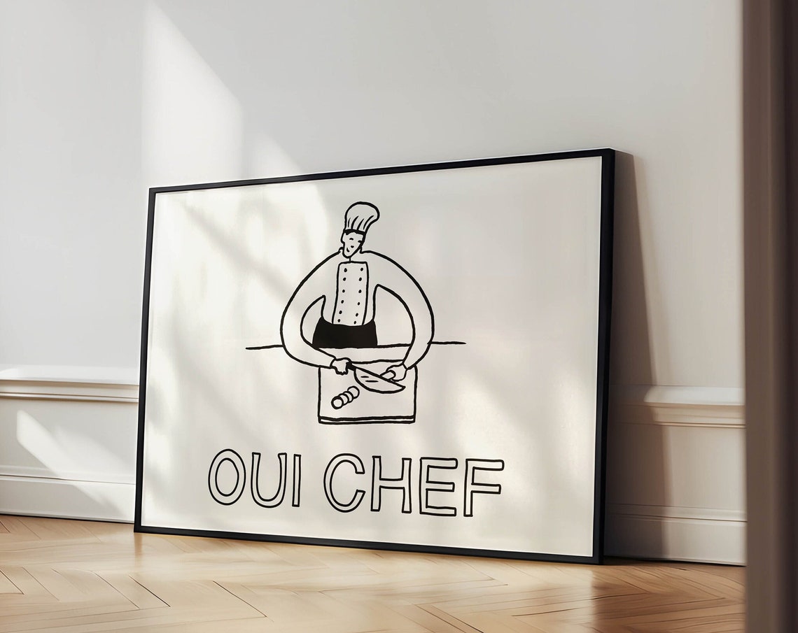 Oui Chef French Kitchen Chef Chopping Line Drawing Horizontal Poster
