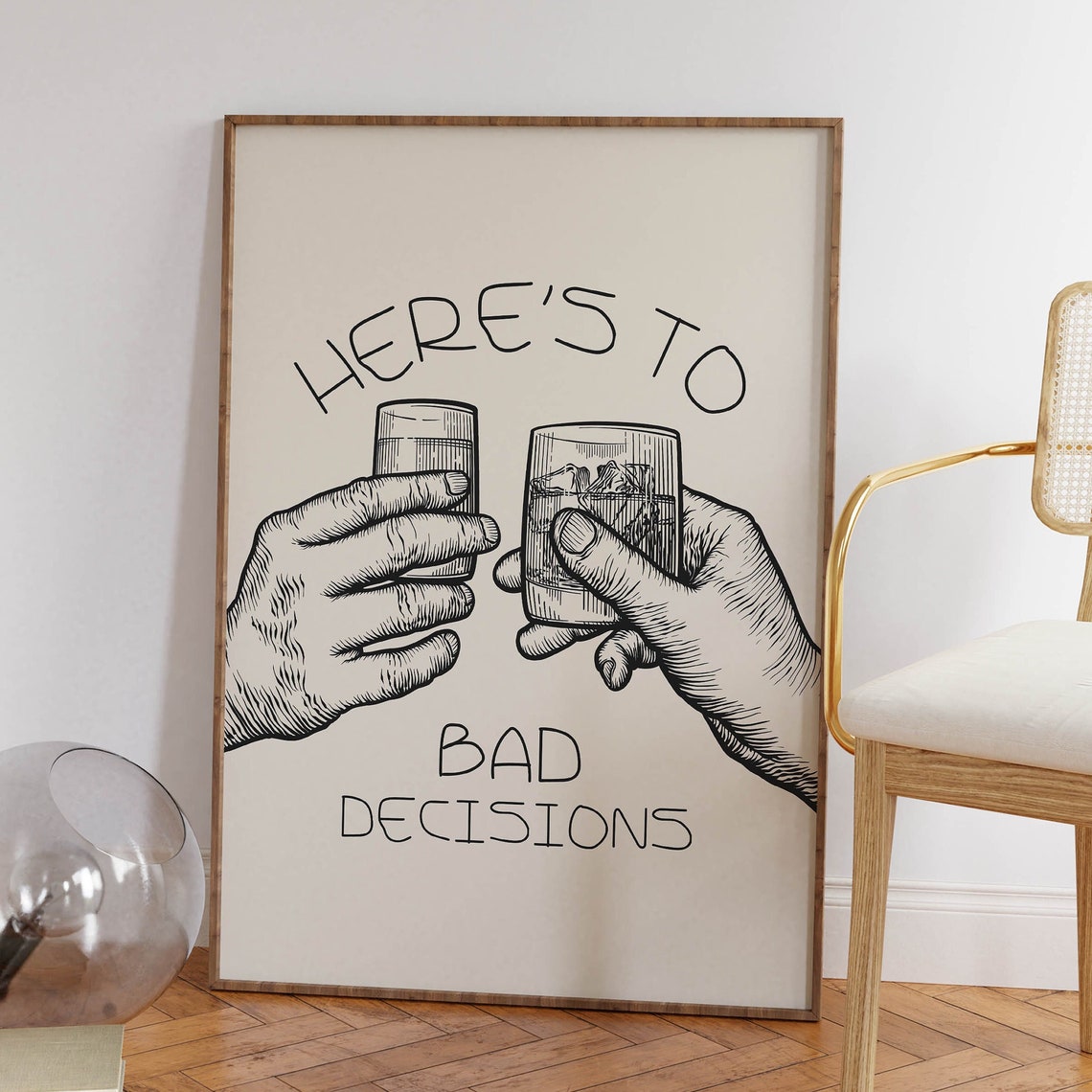 Heres To Bad Decisions Toasting Hands Engraved Style Bar Poster