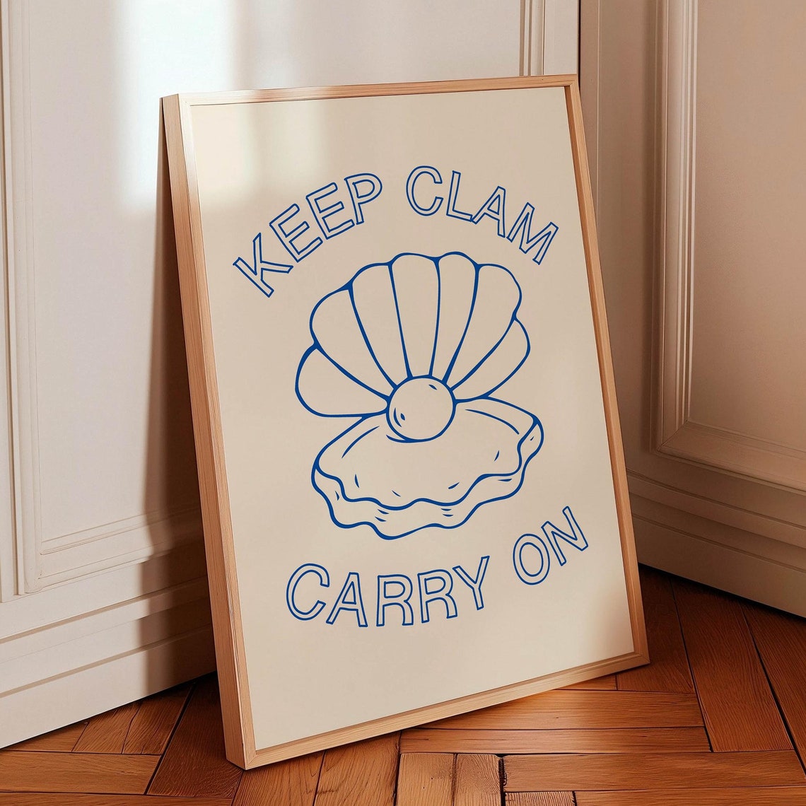 Keep Clam Carry On Funny Seafood Poster Blue Oyster Shell Wall Decor