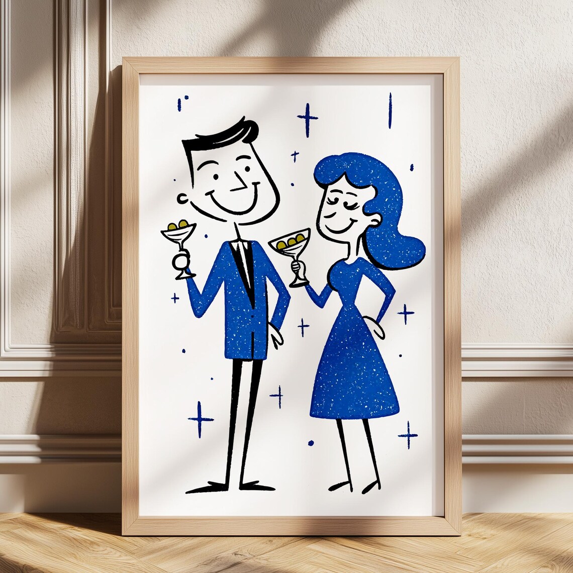 Retro Couple Toasting Martinis Midcentury Blue Party Decor Poster