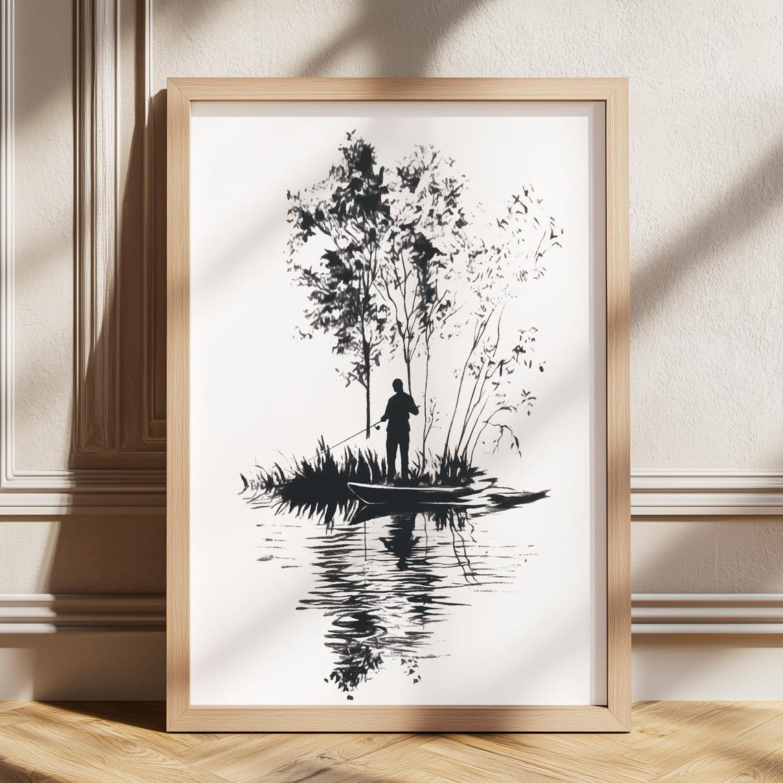 Fisherman Silhouette on Boat Lake Black and White Minimalist Poster