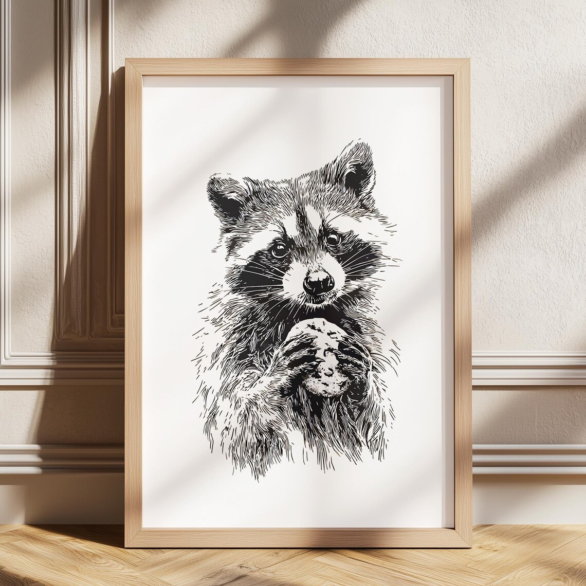 Adorable Raccoon Munching a Cookie Playful Black Ink Animal Poster for Nursery Walls