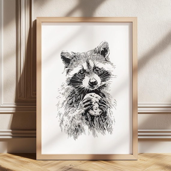 Adorable Raccoon Munching a Cookie Playful Black Ink Animal Poster for Nursery Walls