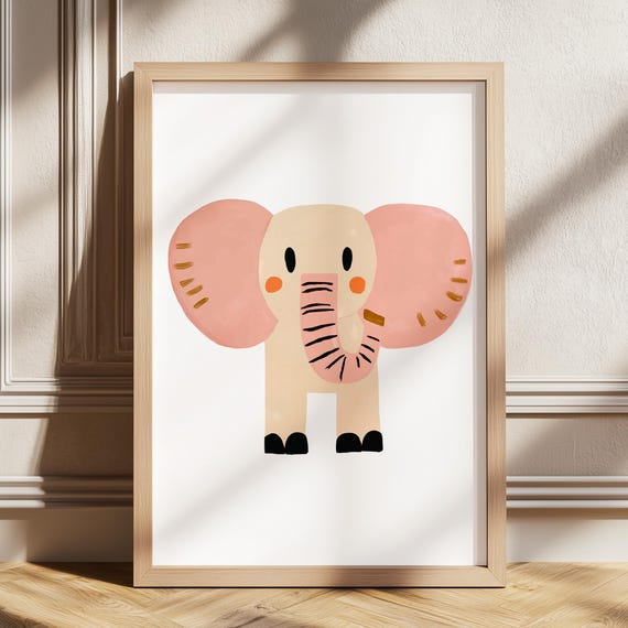 Cute Elephant Wall Art Modern Animal Print Baby Girl Nursery Decor Safari Kids Room