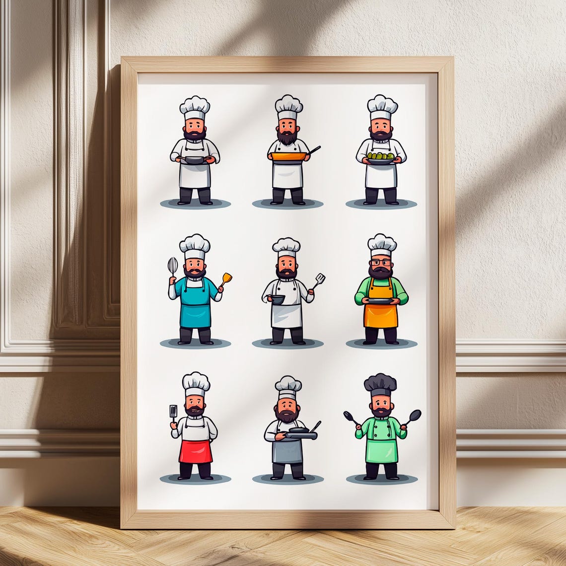 Cute Cartoon Chefs Grid Illustration Kitchen Poster for Restaurant