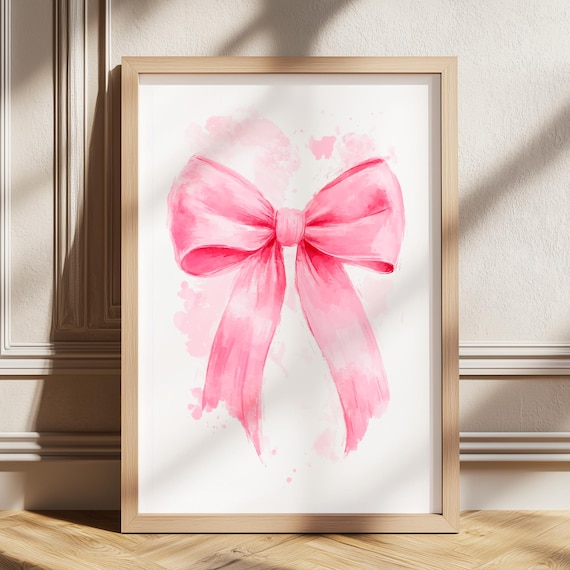 Pink Watercolor Bow Coquette Girly Nursery Feminine Decor Print