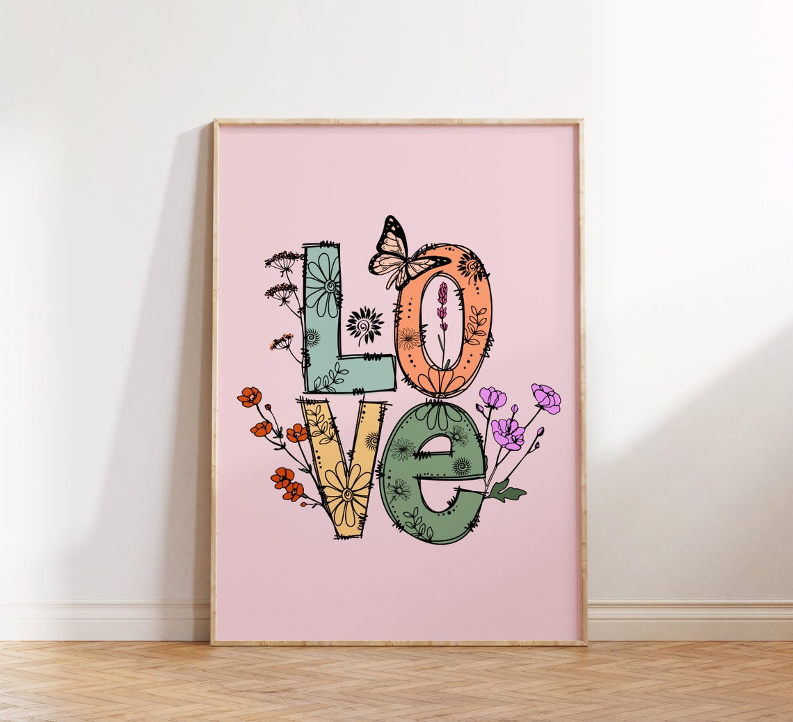 Love Floral Doodle Typography Butterfly Pink Cute Boho Art Print - Image 2