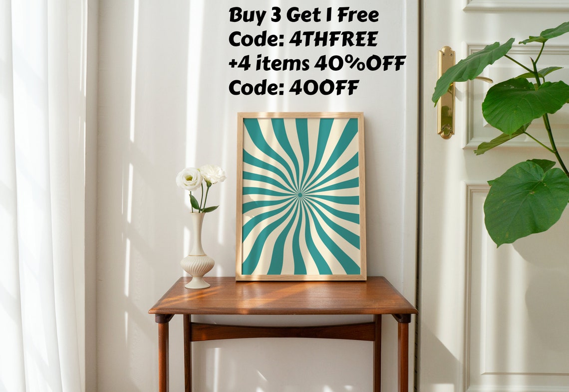 Retro 70s Teal Cream Sunburst Swirl Psychedelic Abstract Poster - Image 4
