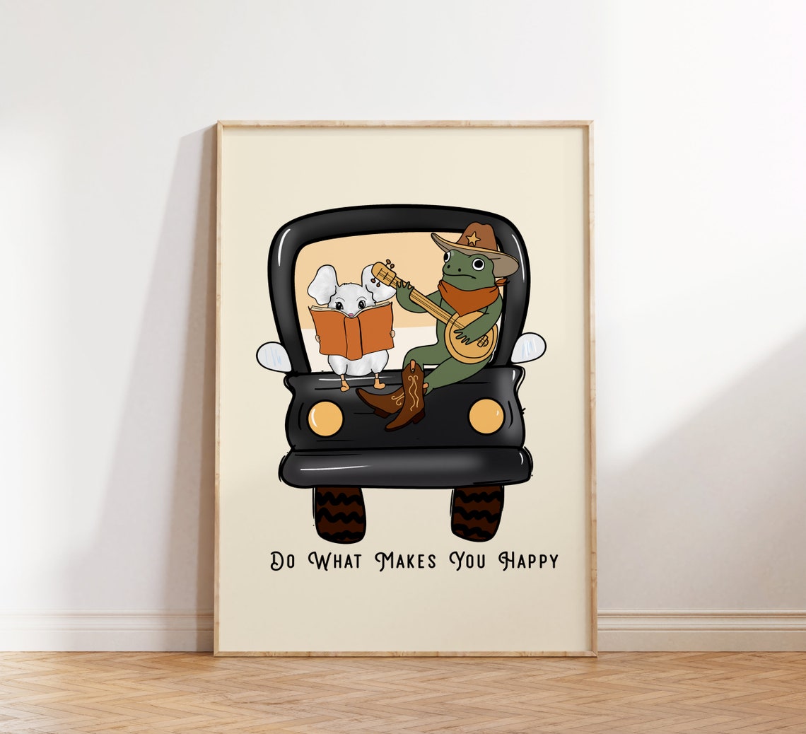 Do What Makes You Happy Cowboy Frog Poster Retro Animal Wall Decor