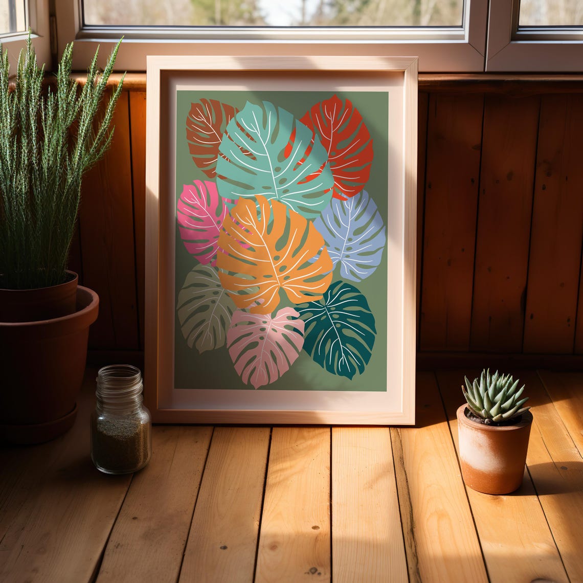 Monstera Leaves Colorful Botanical Tropical Pattern Wall Poster - Image 3