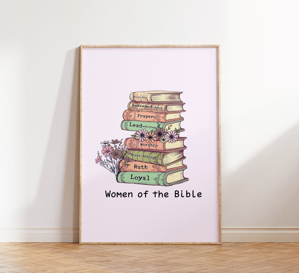 Women Of The Bible Stack Of Vintage Books Floral Faith Poster - Image 2